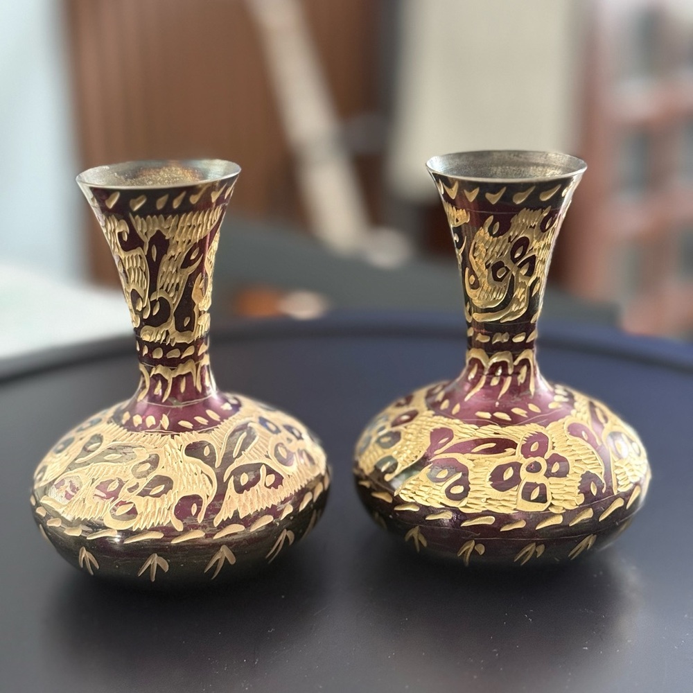Vintage set of 2 mini etched brass vases, colors of gold and purplish brown